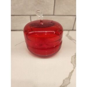Vintage Art Glass Red Apple Candy Jewelry Trinket Lidded Dish Box‎ Clear Stem